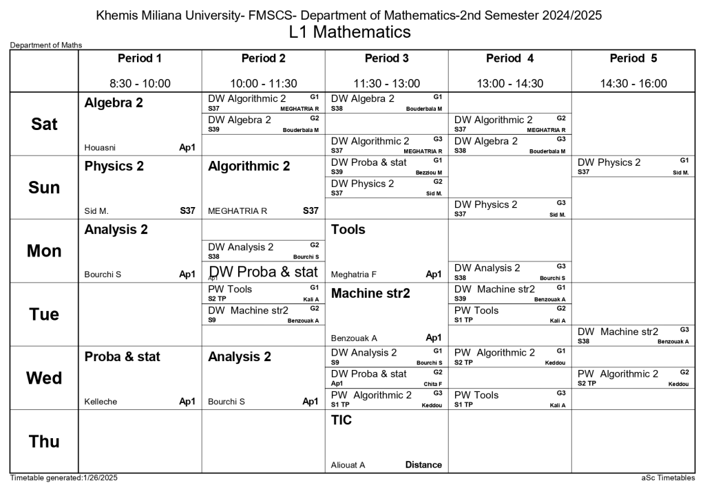 Emploi du temps – Deuxième semestre – Départements de Mathématiques