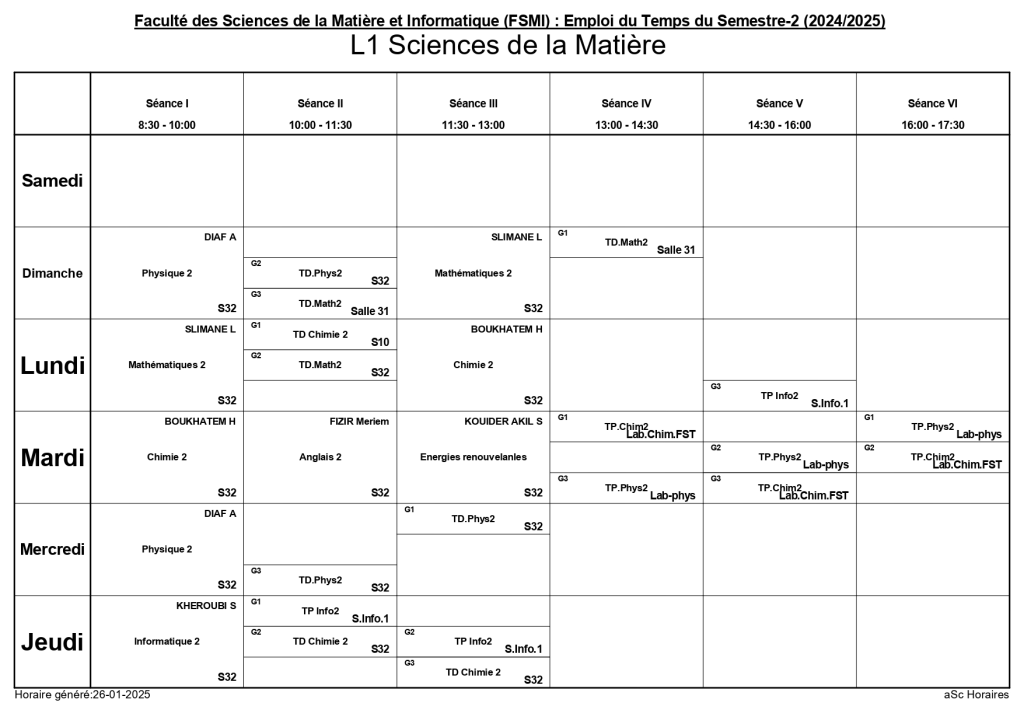 Emploi du temps – Deuxième semestre – Départements de Physique