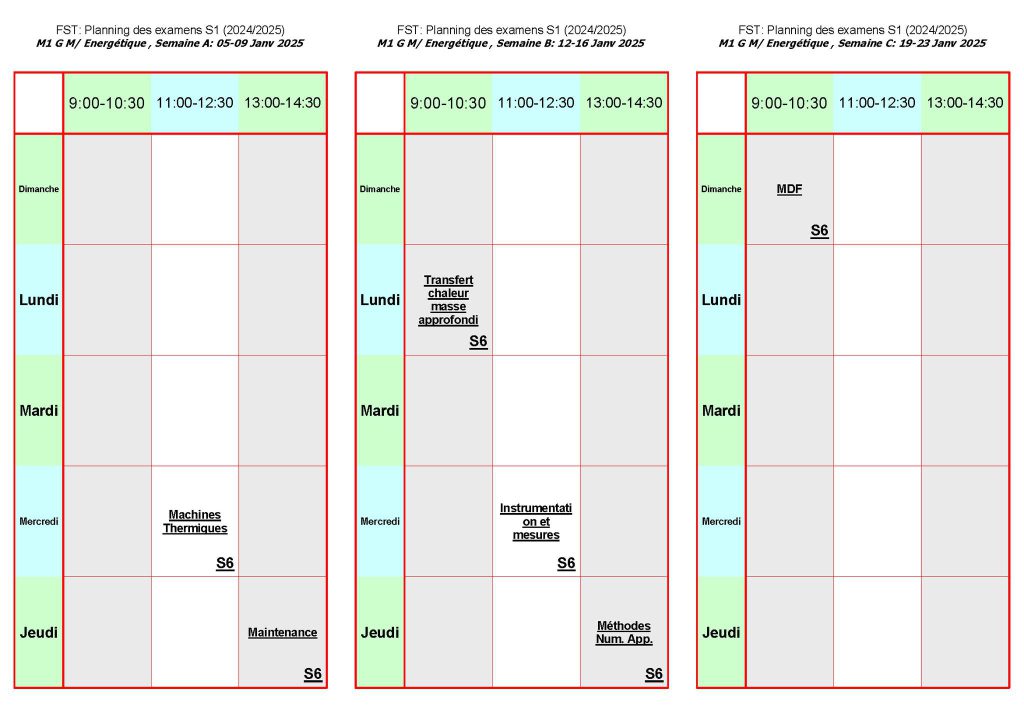 First semester exams schedule for the Department of Mechanical Engineering