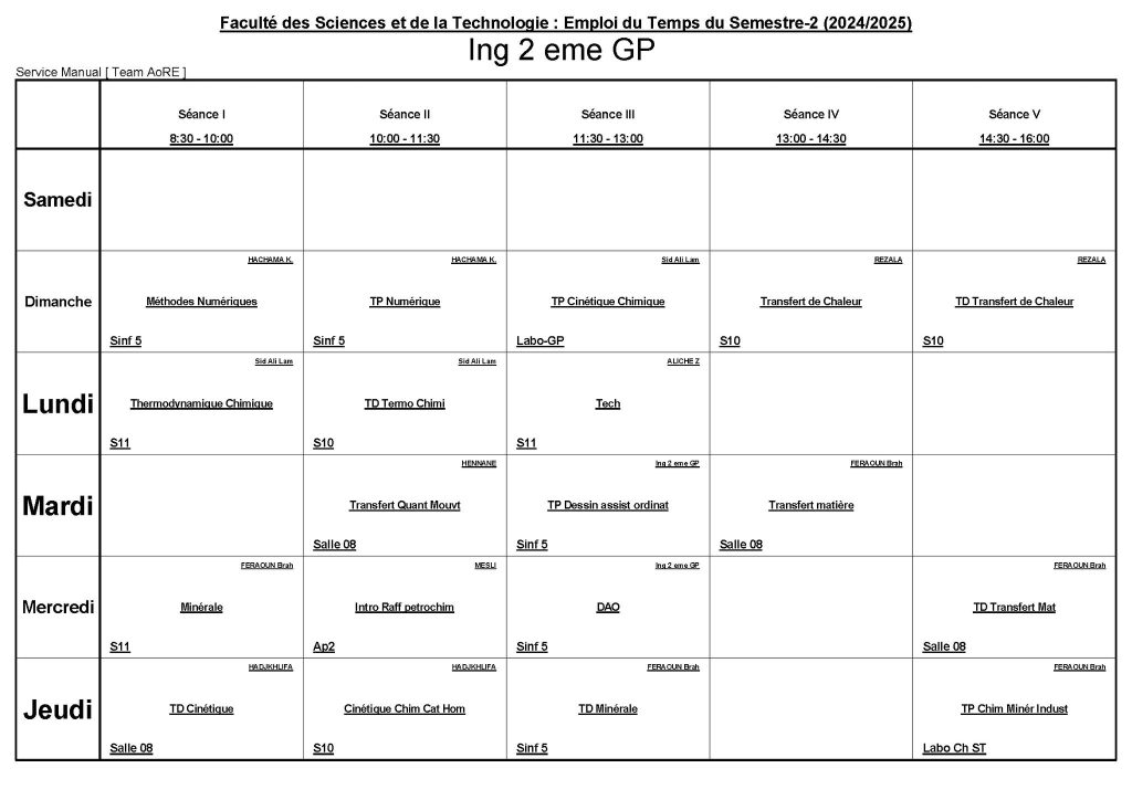 Timetable – Second Semester – Departments of Process engineering