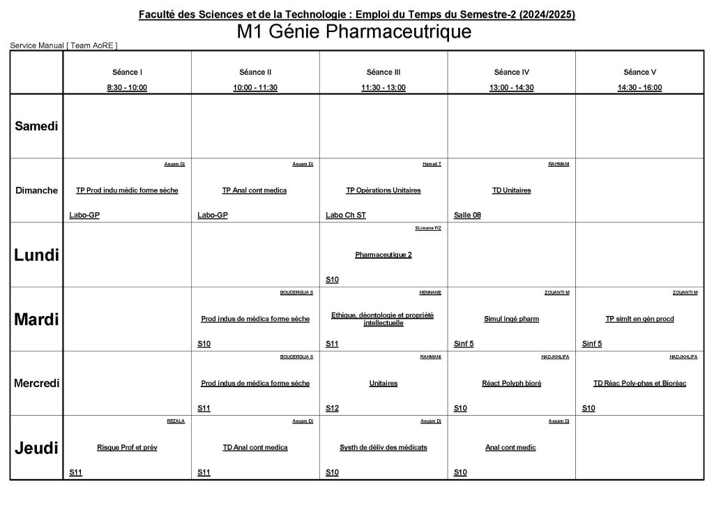 Emploi du temps – Deuxième semestre – Départements de Génie des procédés